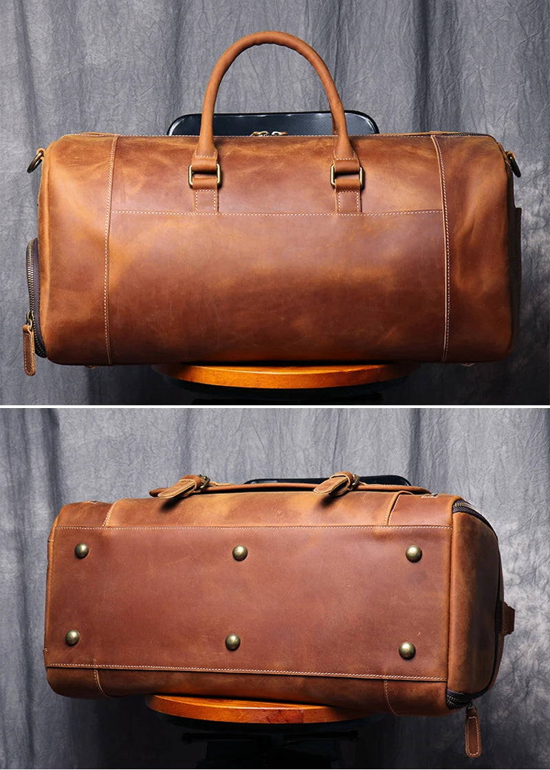 MUNUKI Vintage Crazy Horse Genuine Leather Travel bag Large Luggage bag men Leather duffle bag Large Weekend Bag Tote Big