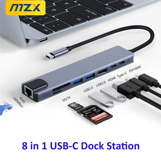 MZX 8 in 1 Laptop Docking Station USB C Hub Concentrator HDMI-Compatible 3 0 Adapter Dock Splitter Type A Extension for Macbook