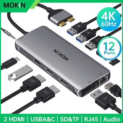 MOKiN 12- IN-1 USB C Adapters PD100W Adapter For MacBook Pro Air Mac Laptops PC Accessories USB3.0 RJ45 SD/TF 4K HDMI USB to HUB