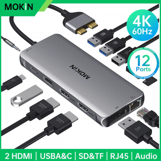 MOKiN 12- IN-1 USB C Adapters PD100W Adapter For MacBook Pro Air Mac Laptops PC Accessories USB3.0 RJ45 SD/TF 4K HDMI USB to HUB