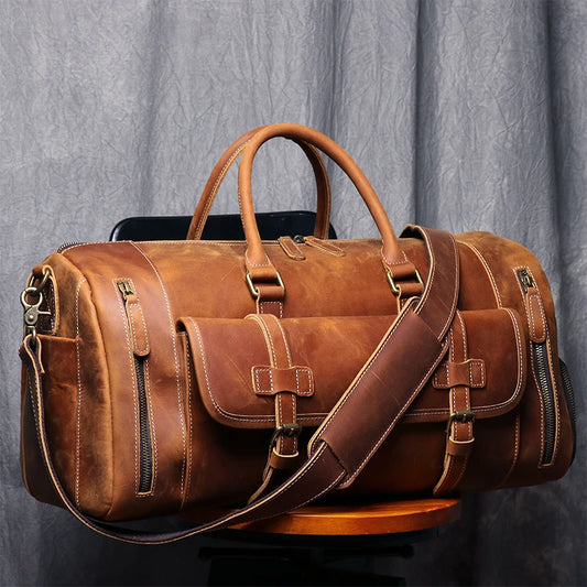 MUNUKI Vintage Crazy Horse Genuine Leather Travel bag Large Luggage bag men Leather duffle bag Large Weekend Bag Tote Big